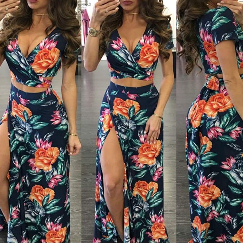 Tropical Floral Two Piece Set High Slit Maxi Skirt Wrap Crop Top Size M